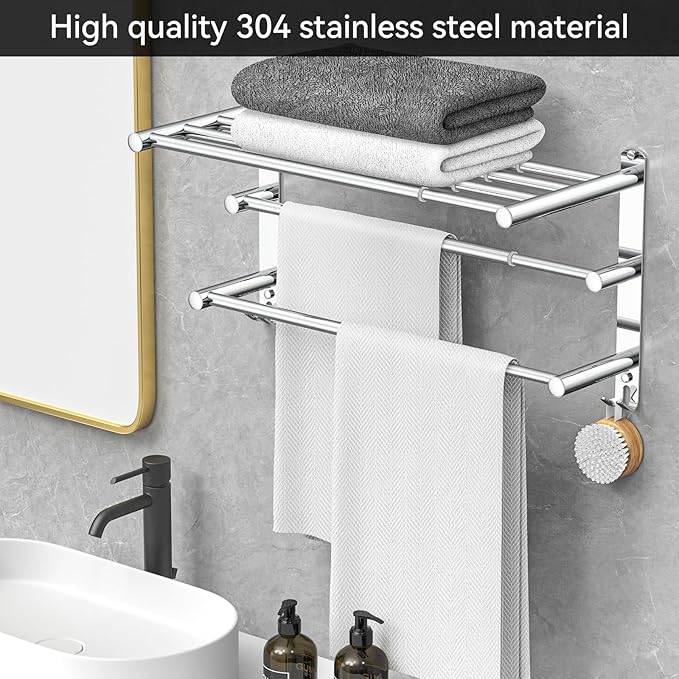 Adjustable Towel Bar for Bathroom Wall Mount17-30.7inch Adhesive Shower Towel Rack Stainless Steel Bath Towel Holders for Toilet Kitchen Double Towel Hanger (3-Layer Towel Rack)