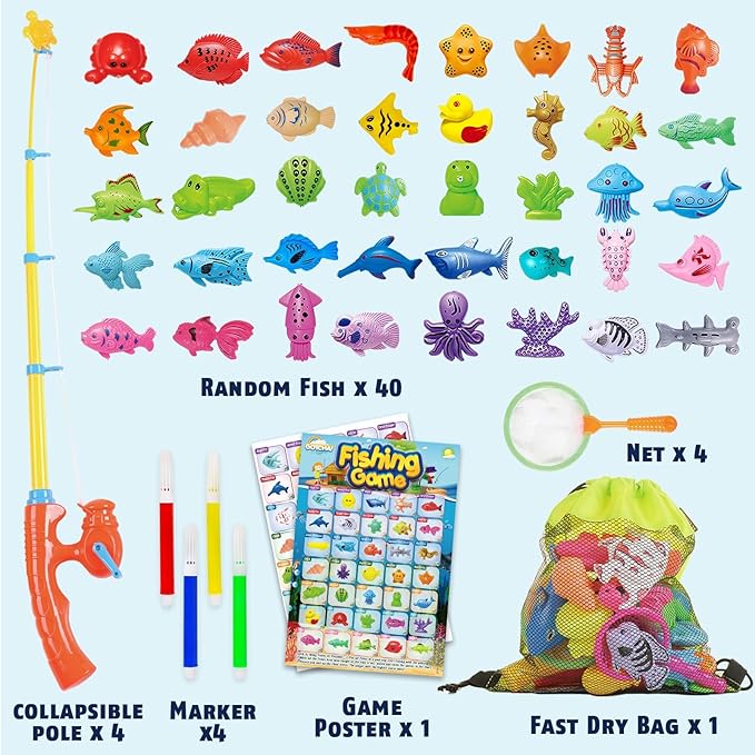 CozyBomB™ Magnetic Fishing Toys Game Set for Kids | Water Table Bathtub Kiddie Pool Party Pole Rod Net, Outdoor Plastic Floating Fish, Toddler Bath Color Ocean Sea Animals Birthday Gift Age 3-5 6 4-8