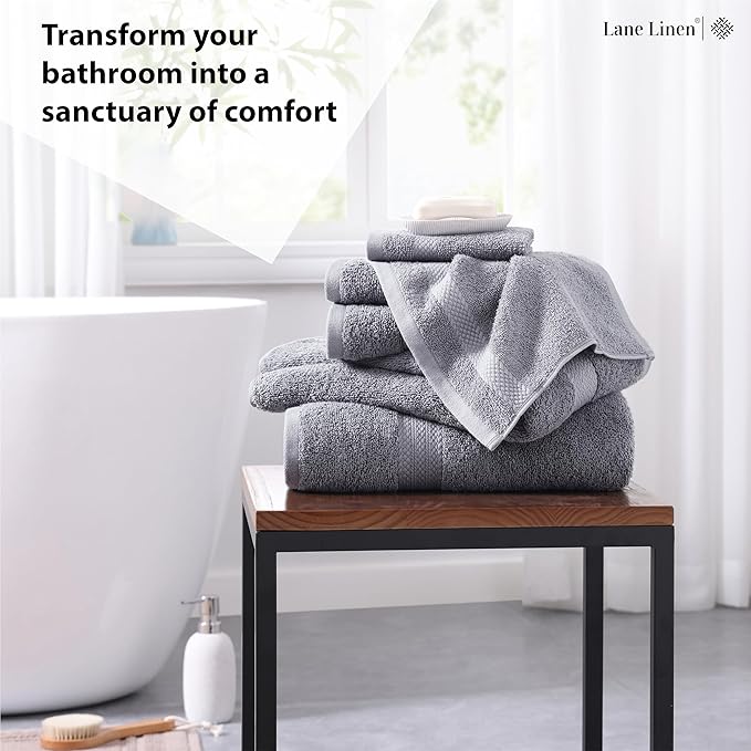 Lane Linen 100% Mercerized Cotton Luxury Bathroom Towels Set - 6 Pieces - Ring Spun Technology - 2 Bath, 2 Washcloths, 2 Hand Towels - Suitable for All Skin Types including Sensitive Skin - Space Grey