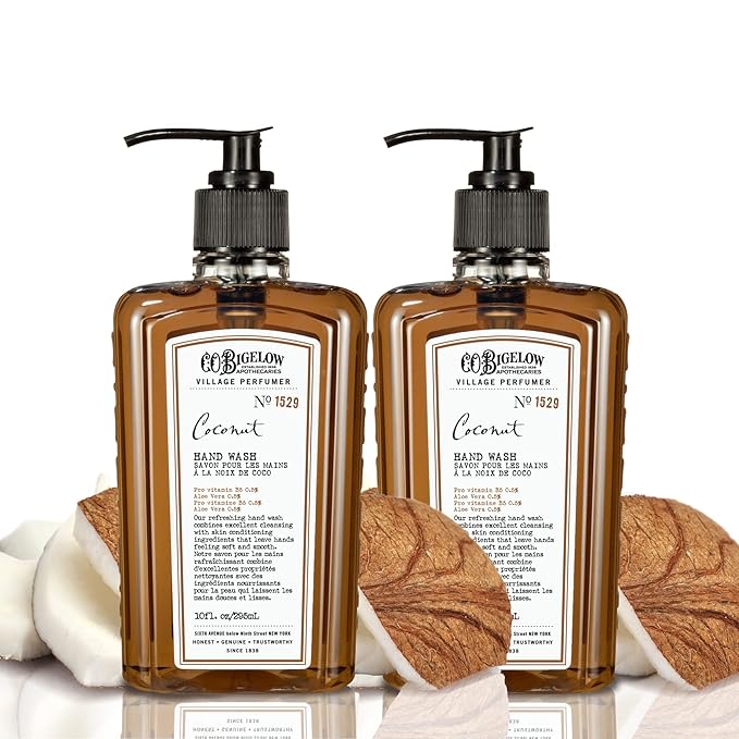 C.O. Bigelow Hand Wash, Coconut, No. 1529 - Village Perfumer Moisturizing Hand Wash for Bathroom & Kitchen with Aloe Vera, 10 fl oz, Pack of 2