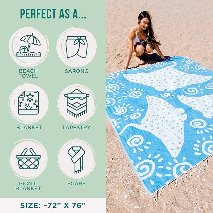 Sand Cloud Extra Large Turkish Beach Towel - Sand Free - 100% Organic Turkish Cotton Yarn - Quick Dry Towel for Beach, Picnic, Blanket or Bath - As Seen on Shark Tank - Marine Life (Manta Ray)