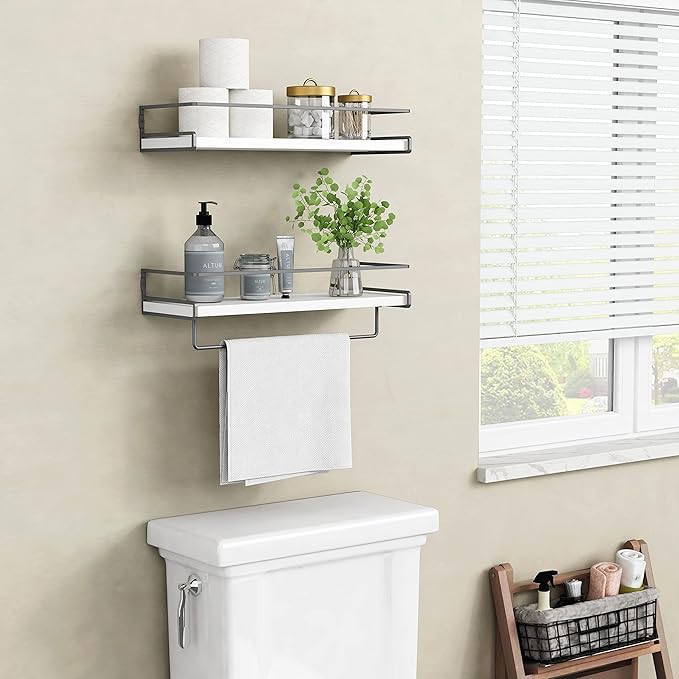 Forbena White Floating Shelves for Bathroom Organizer Over Toilet, Bathroom Shelves Wall Mounted with Towel Rack, Corner Wall Shelf for Bedroom Decor Kitchen Storage (White-Dark Grey, Set of 2)