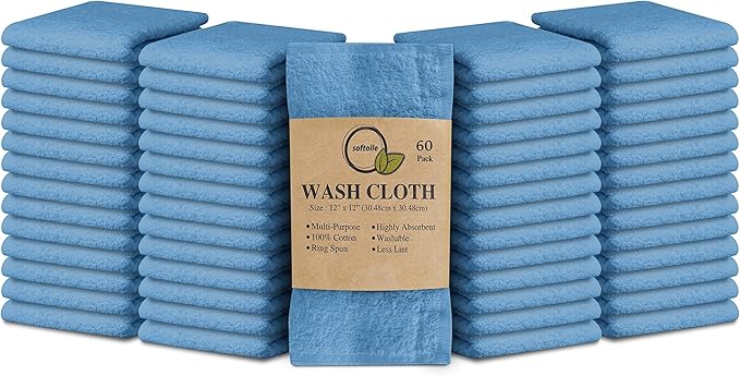 Softolle 100% Cotton Washcloths (12x12 Inches) Soft, Highly Absorbent Washcloth, Face Towels, Wash Cloths for Face, Ring Spun, Bulk Pack (Sky Blue, 60 Pack)