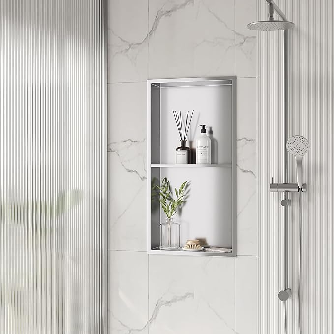 Neodrain No Tile Shower Niche, Stainless Steel Wall Niche 13.1"X25.1"(Inner Size 12"X24"), Two-Tier Bathroom Shelf Waterproof Cubby, NO Tile Needed Recessed Cabinet for Bathroom Storage