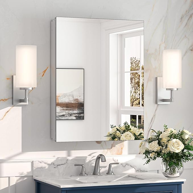 Keonjinn 20 x 26 Inch Medicine Cabinet for Bathroom, Silver Mirrored Medicine Cabinet, Assembly Required, Freely Adjustable Shelves, Tempered Glass, in Wall or Surface Mount