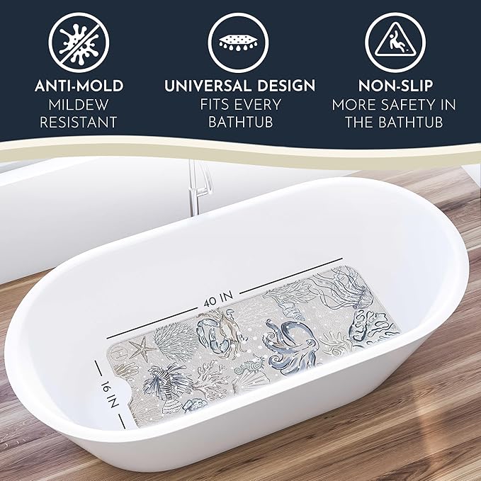 Homerella Baby Bath Tub Mat | Anti Mold Mildew Resistant Non Slip Kids and Adult Bath Tub Shower Mats | 40x16 inch Long with Suction Cups for Secure Grip Hooks for Storage & Drying | Machine Washable
