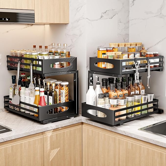 Under Sink Organizer, 2 Tier Under Sink Organizers and Storage, Adjustable Height, Slide Out Metal Cabinet Organizers, Pull Out Cabinet Storage Drawer Shelf for Kitchen Bathroom