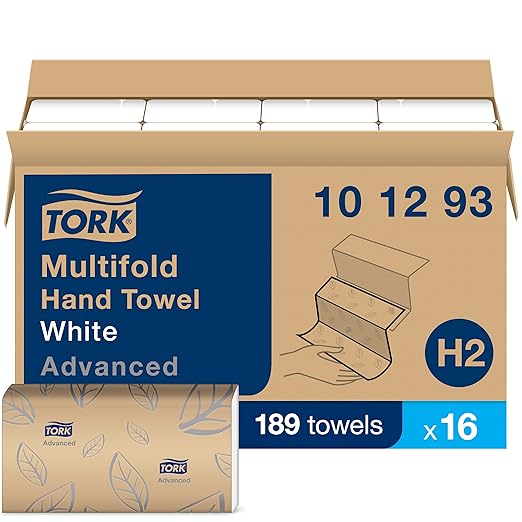 Tork Xpress Soft Multifold Hand Towel White with Grey Leaf Print, Absorbent, 189 Towels Per Pack, 16 Packs, Fits H2 Towel Dispensers