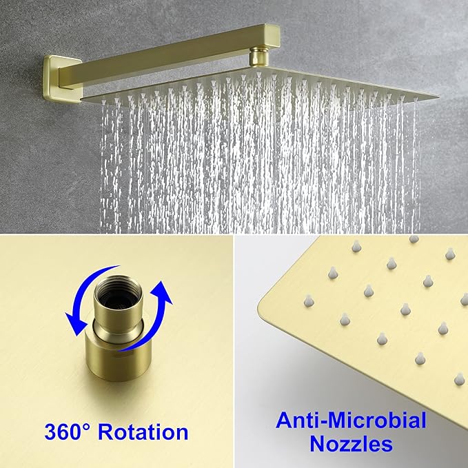 SHAMANDA Brass Rainfall Shower System, Luxuly Bathroom Shower Faucet Combo Set Brushed Champaign Gold(Including Rough-In Valve Body and Trim), L7001-3