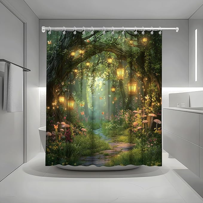 Fantasy Forest Path Shower Curtain Fairy Magical Enchanted Misty Jungle Mushroom Floral Tree Butterfly Lantern Wonderland Plant Bath Curtain Fabric Bathroom Accessories Decor with Hooks 70W x84L