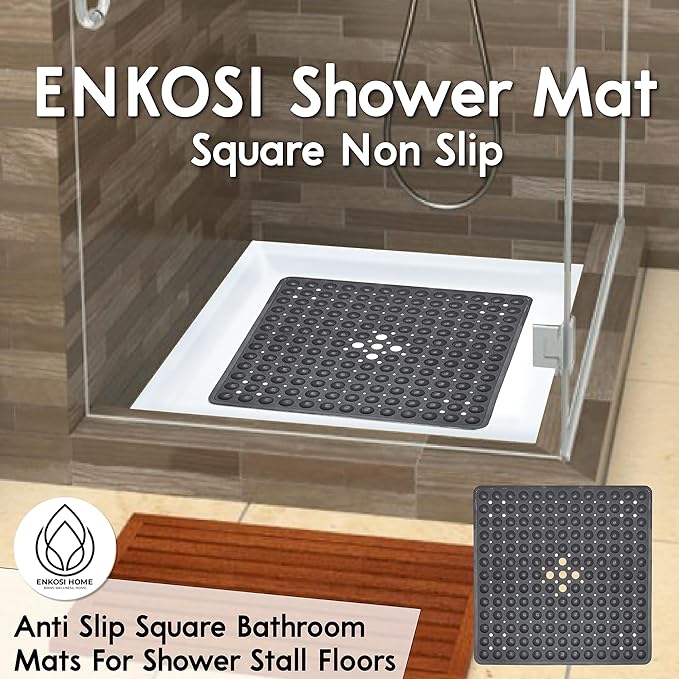 ENKOSI Non-Slip Square Shower Mat 21 x 21 inch – Anti-Slip PVC Bath Mat for Inside Shower Stalls – Durable Shower Floor Mat with Suction Cups and Drain Holes (21x21 Clear Blue)