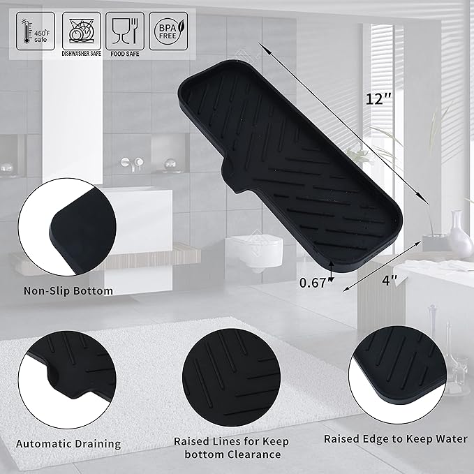 Silicone Bathroom Soap Dishes with Drain Spout-Bathroom and Kitchen Sink Organizer,Sponge Holder,Dish Soap Tray,Perfect for Dispenser,Scrubber,Bottle,Cup on Sink or Counter-Black 12"×4"