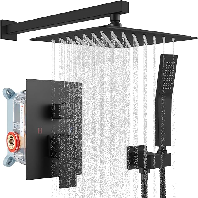 gotonovo Rainfall Bathroom Shower System Rain Shower Head and Handle Set Wall Mounted Shower Complete Combo Solid Brass Pressure Balancing Shower Mixer Valve 10 Inch Matte Black