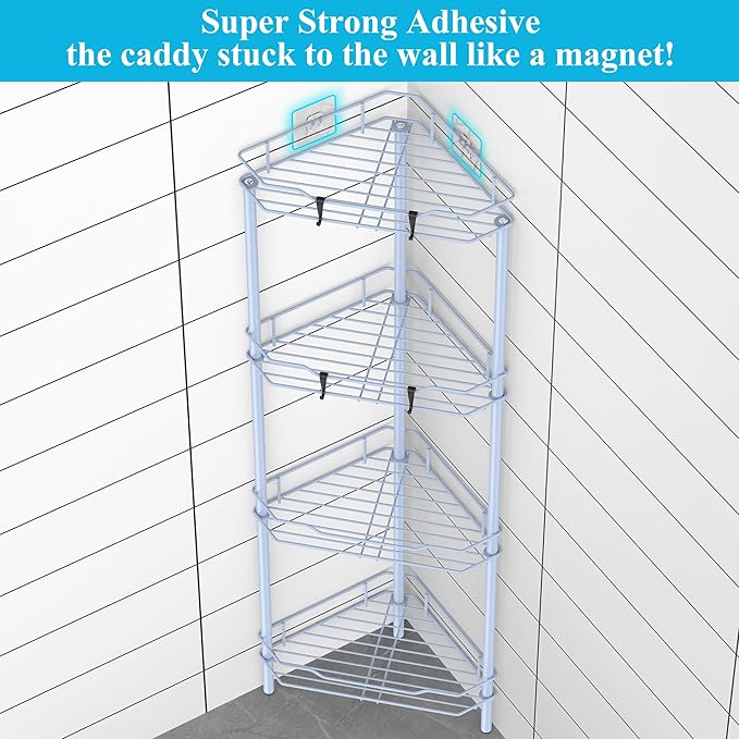 4 Tier Floor Standing Corner Shower Caddy Organizer Shelf with Hooks, Bathroom Shelves Stand Rack, Blue