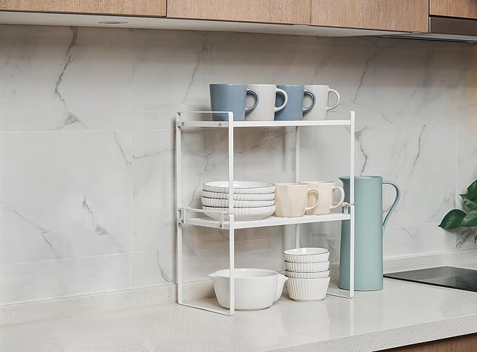 2Pack Kitchen Cabinet Shelf Counter Organizer Rack Pantry Storage Bathroom Bedroom Office Table Desk Space Saving Stackable Rust Resistant Non Slip White Tall Wide L16.1in W10.6in H9.5in