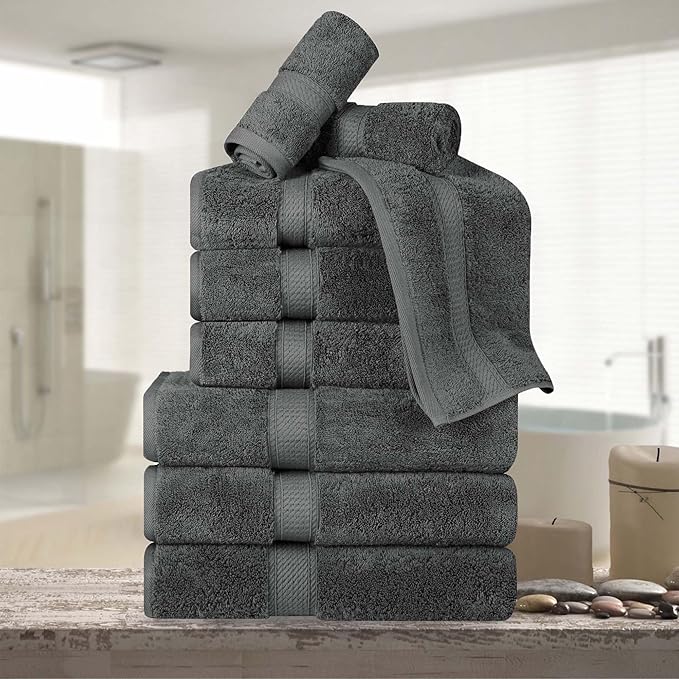 BNM Egyptian Cotton Heavyweight Towels, Ideal For Bathroom, Shower, Spa, Hotel, 800 GSM, Face/ Washcloths, Hand Towels, Bath Towels, Highly-Absorbent, Luxury Home Basics, 9 Piece Towel Set, Charcoal