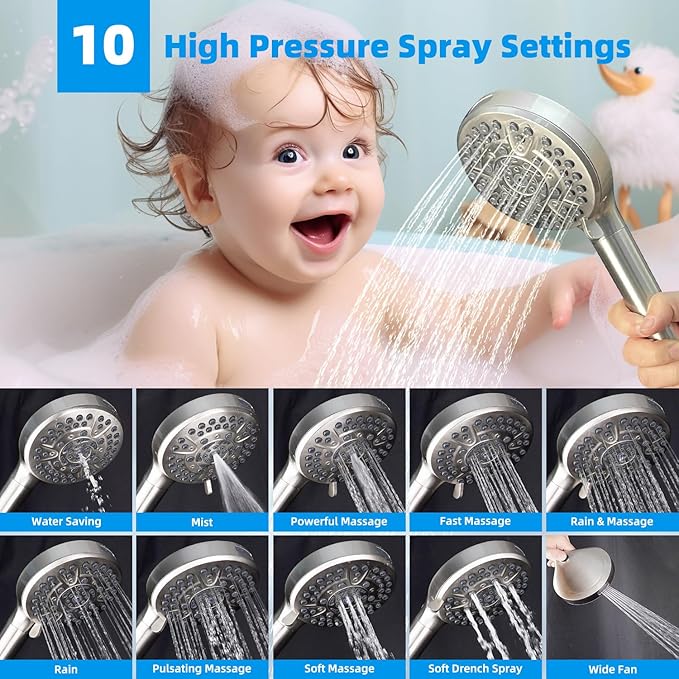 Hibbent All Metal 10'' Filtered Rainfall Shower Head Combo, High Pressure Handheld Shower Head with 12'' Adjustable Curved Extension Arm, 20 Stage Shower Filter, 10-spray, 71'' Hose, Brushed Nickel