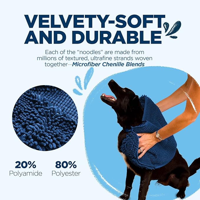 Soggy Doggy Super Shammy Dog Towel - Microfiber Chenille Towel for Drying Dogs and Cleaning Paws - Fast Drying with Hand Pockets for Ease (Navy Blue, 31” x 14”)