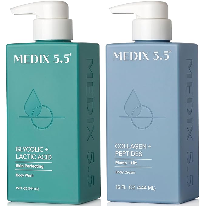 Medix 5.5 Exfoliating AHA Glycolic Acid Face & Body Wash Cleanser + Collagen Moisturizing Body Cream Lotion Skin Care 2PC Set | Alpha Hydroxy Acid & Lactic Acid Foaming Body Wash & Face Wash, 2-PC