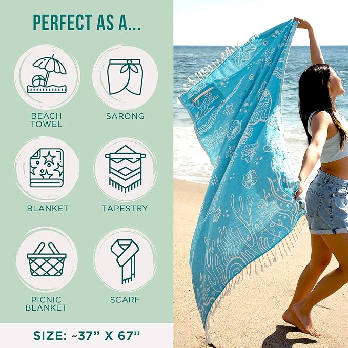 Sand Cloud Turkish Beach Towel - Sand Free - 100% Organic Turkish Cotton Yarn - Quick Dry Towel for Beach, Picnic, Blanket or Bath - As Seen on Shark Tank - Marine Life (Boho Octopus)