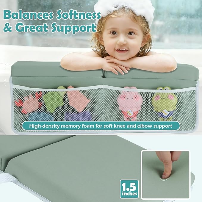 Baby Bath Kneeler and Elbow Rest Pad Set, 1.5 Inch Thick Memory Foam Soft Bath Kneeler with Bath Toys Organizer, Non-Slip, Quick-Dry, Foldable Kneeling Mat, Ideal Gift for Parents