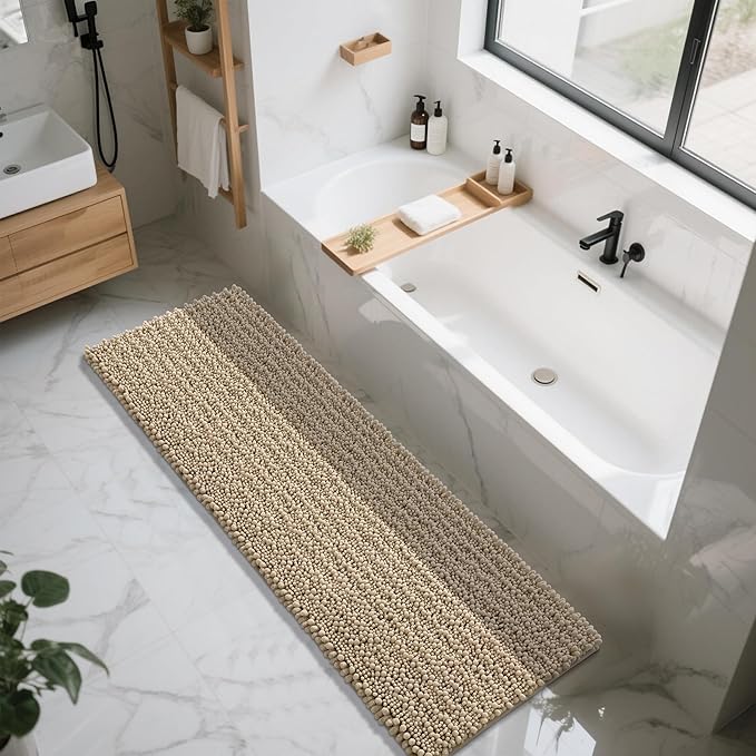 Yimobra Bathroom Runner Rug 70x24 Inch - Extra Long Non Slip Chenille Bath Mat, Soft & Absorbent, Machine Washable Shaggy Hallway Carpet for Vanity Tub Shower, Camel Home Decor Accessories
