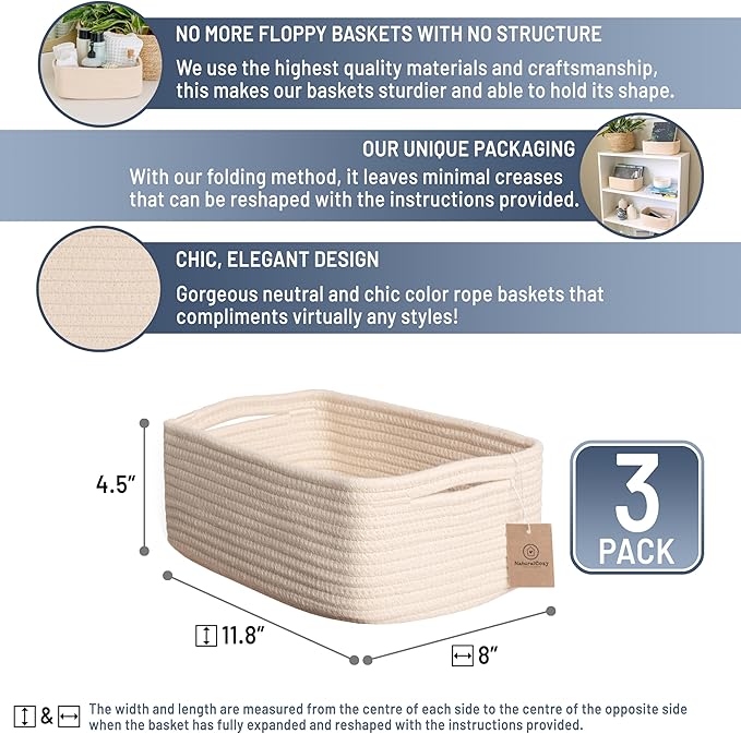NaturalCozy 11.8"x8"x4.5” Storage Baskets for Shelves 3 Pack | Cotton Rope Woven Small Baskets for Organizing | Small Storage Bins for Nursery, Bathroom, Closet, Cube Shelf, Decorative, Gift Basket