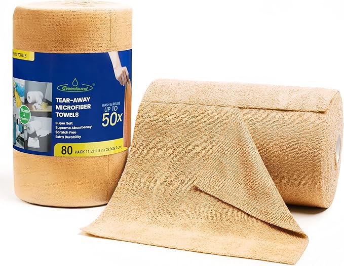 Greenfound Microfiber Cleaning Cloth Roll -80 Pack, 11.5x11.5, Tear Away Towels, Reusable and Washable Rags, Orange