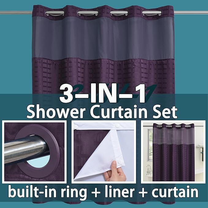 Extra Long No Hook Shower Curtain with Snap in Liner Set, Hotel Luxury Purple Shower Curtains for Bathroom with See Through Top Window, Waterproof, Washable 71W x 84H