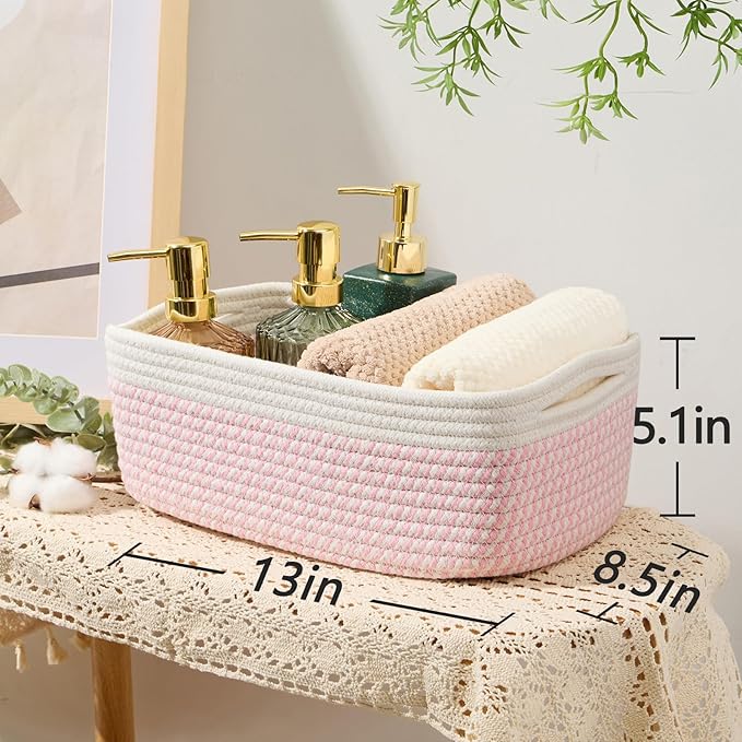 Small Storage Baskets for Organizing | Closet Organizer Bins | Shelf Toy Basket | Woven Rope Baskets | Cube Decorative Box | Shallow Basket | 13x8.5x5.1” | 4 Packs White Pink