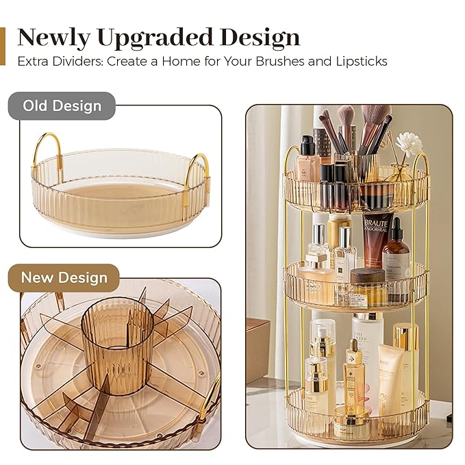 Aveniee 360° Rotating Makeup Organizer for Vanity, Upagraded Perfume Skincare Bathroom Counter Organizers with Brush Divider, 3 Tier Spinning Lipstick Cosmetic Lotion Storage,Gold