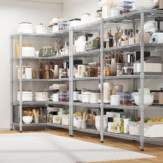 Homdox Heavy Duty Metal Shelves for Storage, 5 Tier Storage Racks and Shelving, Adjustable Wire Shelving Unit, Garage Rack Pantry Shelves Kitchen Shelving, 18"x72"x72", Silver Gray
