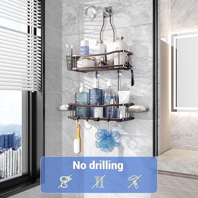 Hanging Shower Caddy Bathroom Organizer: Rustproof Shower Shelf Racks Over Shower Head - No Drilling Inside Bath Shower Rack Shelves Over Showerhead for Shampoo with Soap Holder Bronze