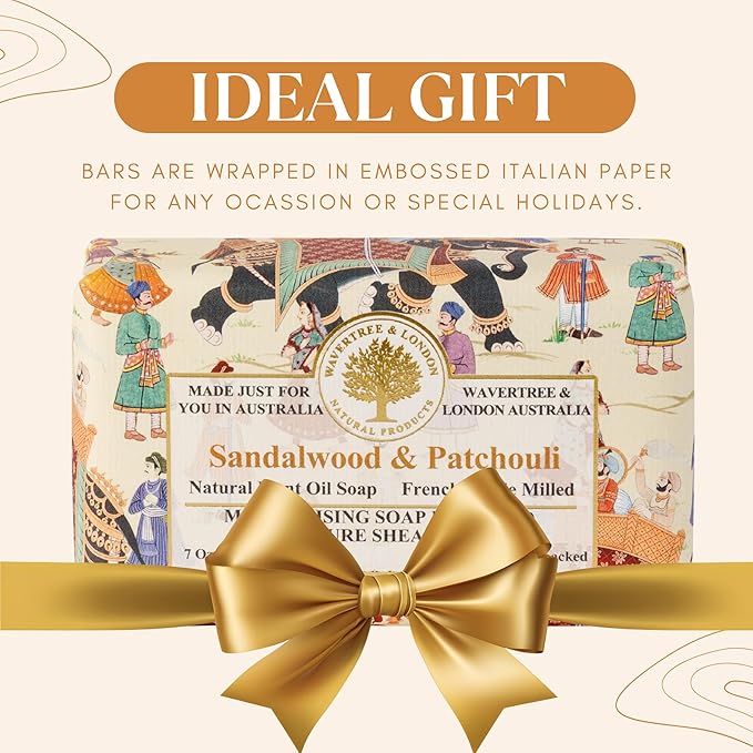 Wavertree & London Sandalwood & Patchouli Scented Natural Soap (2 Bars), 7oz Moisturizing French Triple Milled Soap Bars enriched with shea butter - Pure Plant Oil Bath & Body Bars for All Skin Types