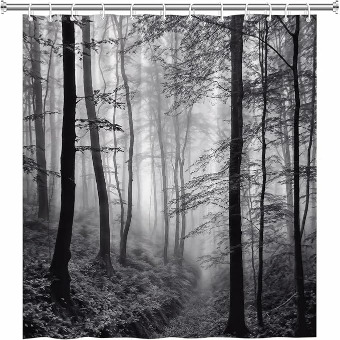 Misty Forest Shower Curtain Black White Foggy Nature Landscape Grey Fantasy Fog Tree Rustic Farmhouse Outdoor Bath Curtain with Hook 47Wx70H Inch
