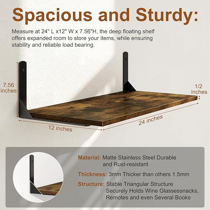 Fun Memories Deep Floating Shelves for Wall, 12 Inch Deep Wall Shelf, 24 Inch Long Floating Shelves with Bracket Set of 2, Rustic Deep Storage Shelf for Bedroom, Living Room, Kitchen, Rustic Brown