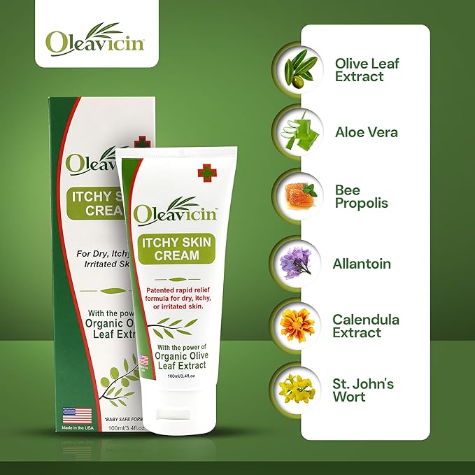 Oleavicin Organic Extra Strength Anti-Itch Cream for Dry, Itchy Skin Relief – Natural Fungal & Rash Treatment with Olive Leaf Extract – Fast-Acting, Long-Lasting Itch Relief