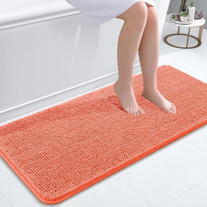 OLANLY Bathroom Rugs 47x20, Extra Soft Absorbent Chenille Bath Rugs, Rubber Backing Quick Dry, Machine Washable Bath Mats for Bathroom Floor, Tub and Shower, Home Decor Accessories, Coral
