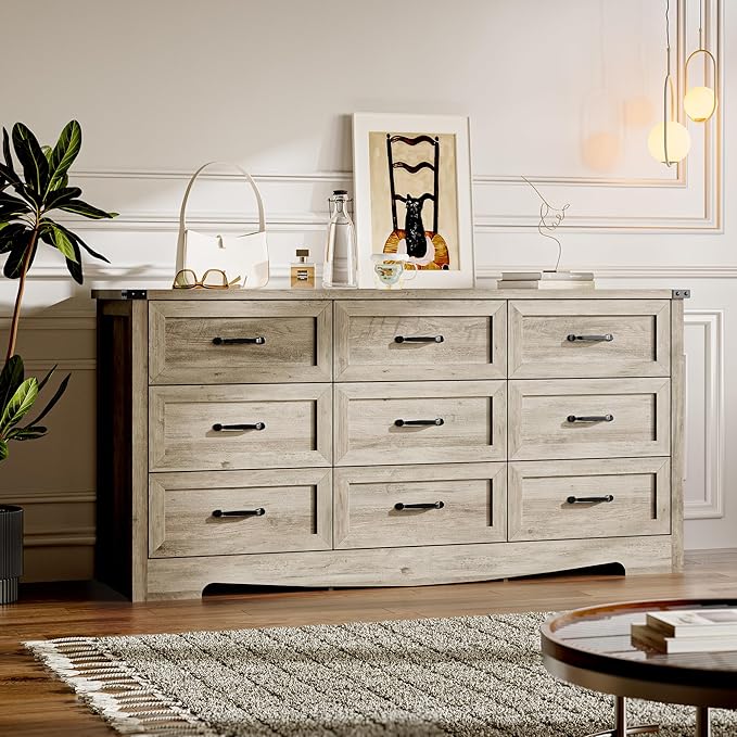 9-Drawer Dresser for Bedroom, Modern Wooden Chest of Drawers with Metal Handles, Anti-Tipping Design, Sturdy and Stable Storage Organizer for Living Room, Entryway, Home Office