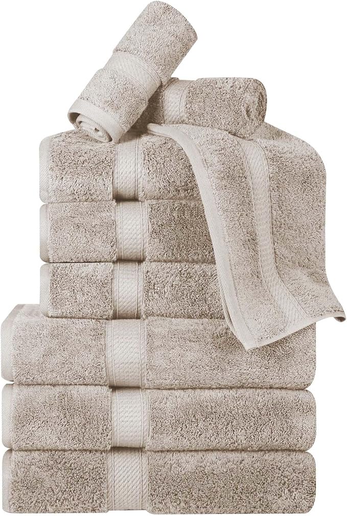 BNM Egyptian Cotton Heavyweight Towels, Ideal For Bathroom, Shower, Spa, Hotel, 800 GSM, Face/ Washcloths, Hand Towels, Bath Towels, Highly-Absorbent, Luxury Home Basics, 9 Piece Towel Set, Stone Grey
