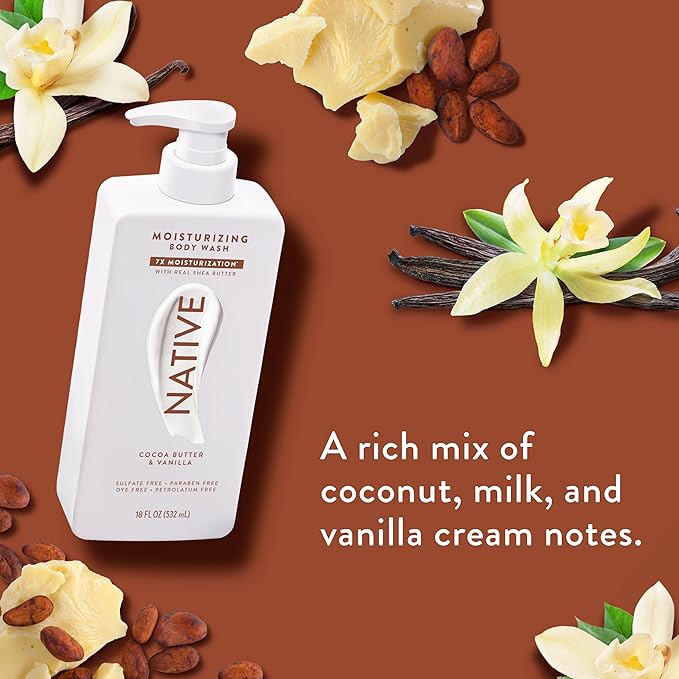 Native Moisturizing Body Wash Contains Naturally Derived Ingredients | for Women & Men, Sulfate, Paraben, & Dye Free Leaving Skin Soft & Hydrated | Cocoa Butter & Vanilla 18 oz