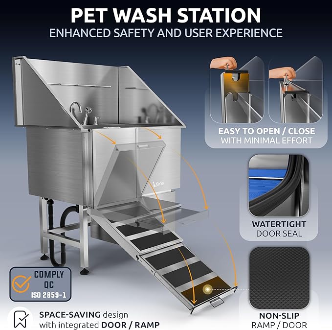 KANIS Professional Dog Washing Station - 304 Stainless Steel Pet Wash Sink & Grooming Bathtub w/Shower, Floor Grates and Storage for Large, Medium & Small Pets (40", 1 Drawer - Left Ramp)