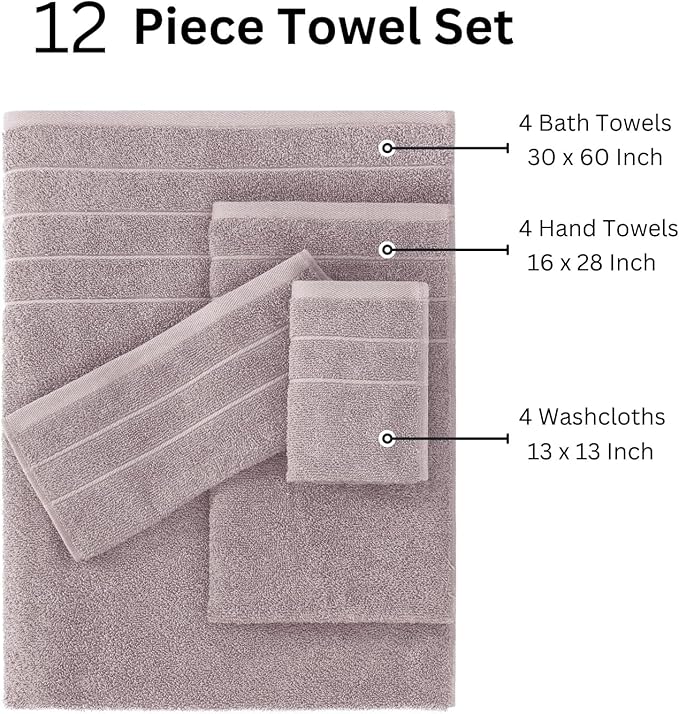 Casa Platino 100% Cotton 12 Piece Bath Towel Set - Ring Spun, Quick Dry, Super Soft & Highly Absorbent - 4 Bath, 4 Washcloths, 4 Bathroom Hand Towels - Hotel Quality Bathroom Towel Set - Platinum