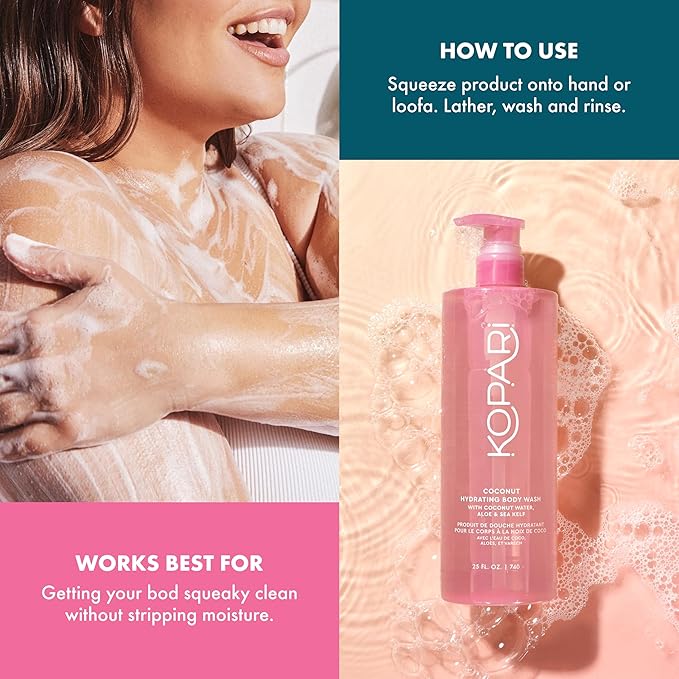 Kopari Jumbo Coconut Hydrating Body Wash with Organic Coconut Water, Sea Kelp and Aloe Vera, Luxurious Gel to Foam, Sweet Coconut & Vanilla, 25 oz