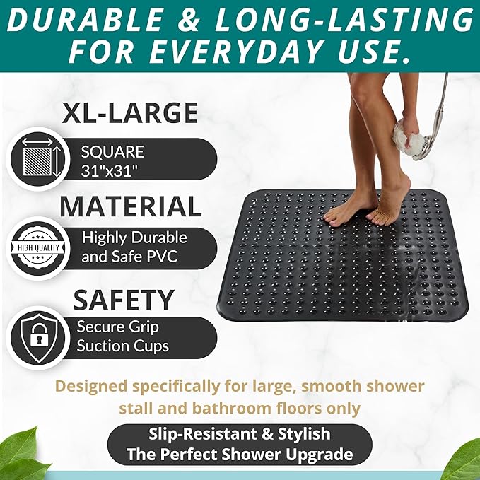 ENKOSI Extra Large Square Non Slip Shower Mat - 31 x 31-inch XL Bathroom Shower Mat - Square Shower Matts for Shower Stall Floors | Secure Suction Cups and Drain Holes (31x31 Charcoal)
