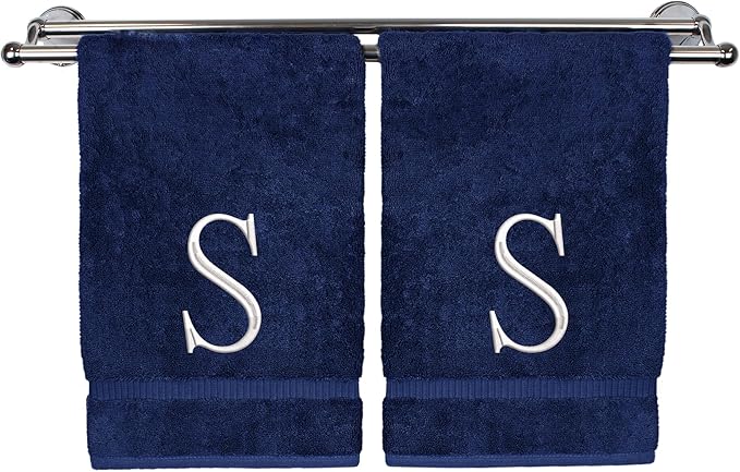 Monogrammed Hand Towel, Personalized Initial Gift, Extra Absorbent 100% Turkish Cotton - Soft Terry Finish - Set of 2 - White Block Initial S - Embroidered on Navy Blue Towels