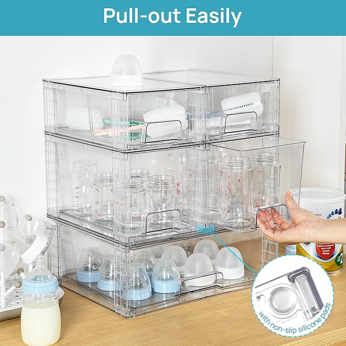 Vtopmart Clear Stackable Storage Drawers Set of 5, Easily Assemble Acrylic Bathroom Undersink Organizers,Plastic Storage Bins for Closet,Cabinet,Pantry,Medicine Organization