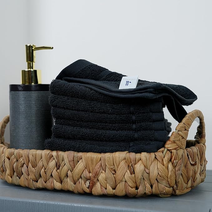 Tens Towels Pack of 60 Washcloths, 12 x 12 Inches, Lighter Weight, Quick to Dry, Super Soft & Absorbent, Gentle Face Towels, Hotel Quality, Perfect for Bathroom, Gym, Spa (Black, 60 Pack)
