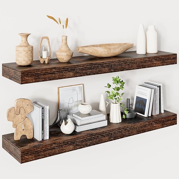 Floating Shelves for Wall 36 Inches Long,9.3" Deep Rustic Brown Floating Shelf Set of 2,Wall Mounted Shelves for Bathroom Bedroom Living Room Kitchen Office,Shelf for Books Storage,Home Decor