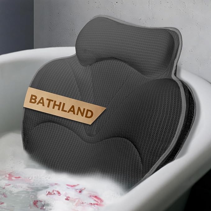 Bath Pillows for Tub - Luxury Bathtub Pillow Neck, Head, Back Support, Soft 4D Mesh Fabric and Non-Slip Suction Cups & Quick Dry, Comfort Fits All Tubs, Relaxation Spa Gift, Grey